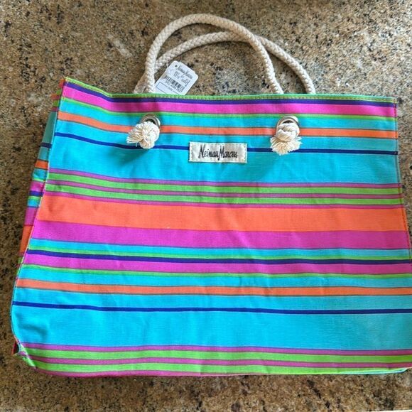 Neiman Marcus bright stripe knot rope handle small tote. 14 x 10 1/2 x 4 1/2 in. - Picture 1 of 5